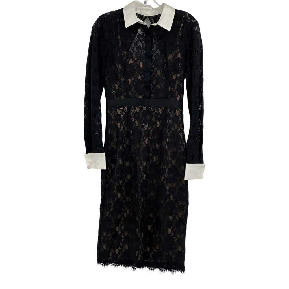 BCBGMaxAzria Black Tan Midi Dress Long Sleeve Lace Zip | Womens 4